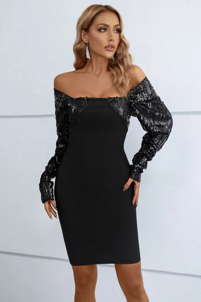 Sequin Off-Shoulder Mini Dress Fashionable Lace-Trim Mini Dress