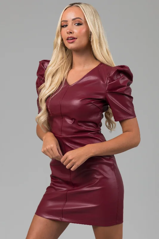 She+Sky Maroon Faux Leather Puff Sleeve Mini Dress Trendy Floral Mini Dress
