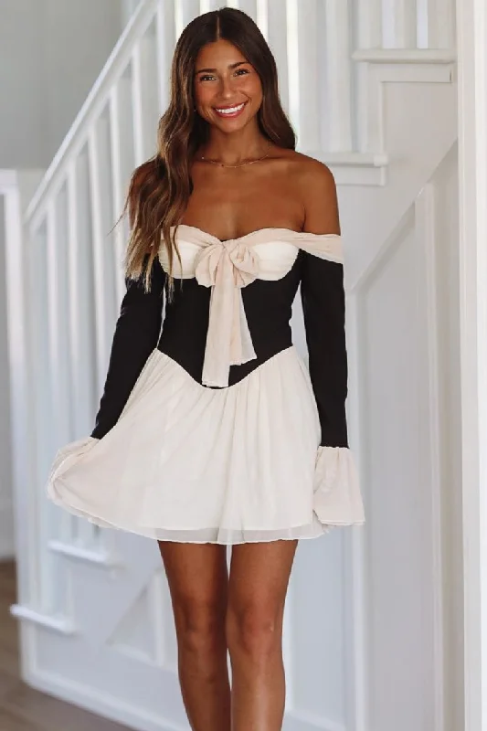Sweet Whispers Mini Dress - Black and Cream Cozy Jersey Mini Dress
