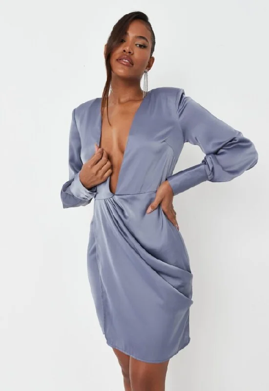 Tall Blue Satin V Plunge Drape Front Mini Dress Stylish Plaid Mini Dress