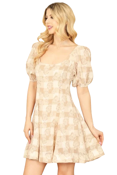 Taupe Square Neck Puff Sleeve Floral Plaid Mini Dress -  Pack of 5 Cozy Satin Mini Dress