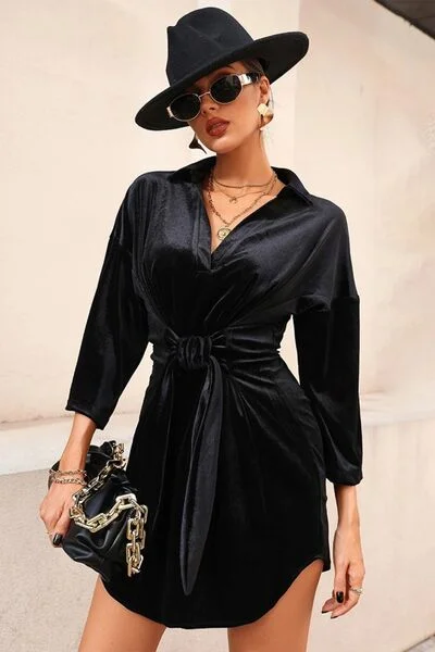 Tie Waist Collared Neck Mini Dress Comfortable Wrap Mini Dress
