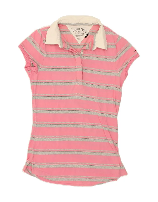TOMMY HILFIGER Womens Polo Shirt UK 12 Medium Pink Striped Cotton Comfortable Loose Short Sleeve TOMMY HILFIGER Womens Polo Shirt UK 12 Medium Pink Striped Cotton Comfortable Loose Short Sleeve