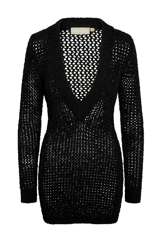 Tuscany Mini Dress - Black Petit Crochet Comfortable Boho Mini Dress