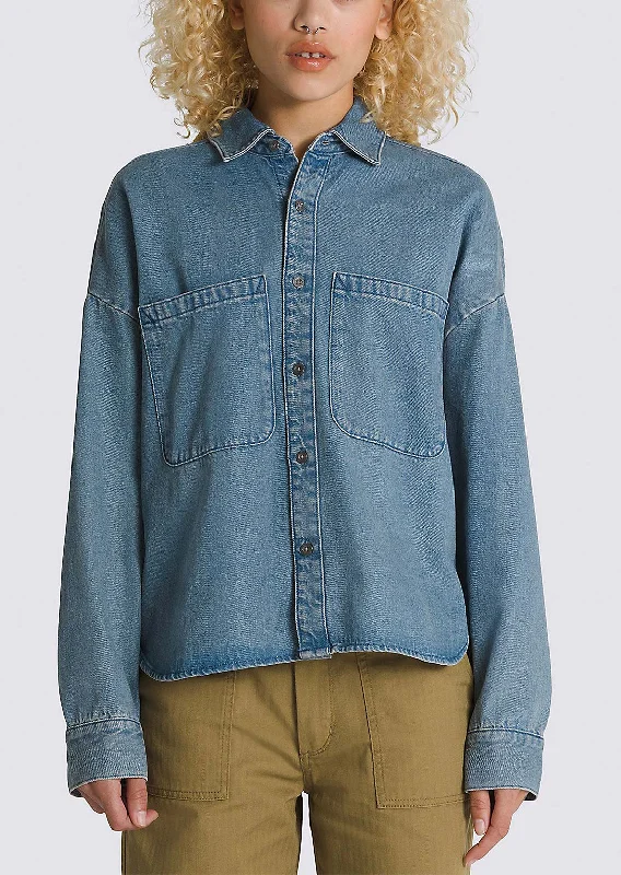 Vans Women's Antica Boxy Denim Long Sleeve Shirt Relaxed Fit Short Blouse