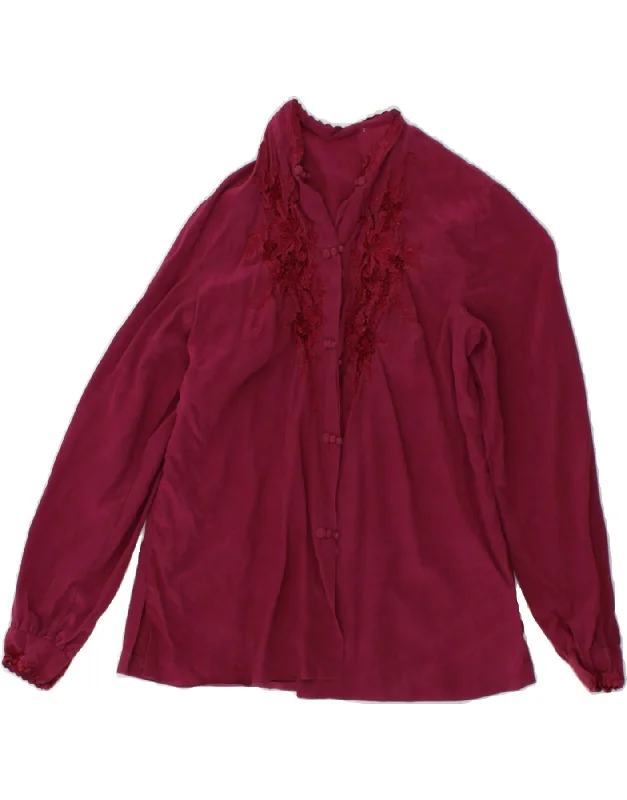 VINTAGE Womens Shirt Blouse UK 10 Small Burgundy Silk Fashionable Button-Front Short Sleeve VINTAGE Womens Shirt Blouse UK 10 Small Burgundy Silk Fashionable Button-Front Short Sleeve