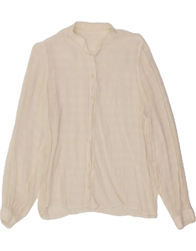 VINTAGE Womens Shirt Blouse UK 12 Medium Off White Striped Viscose Fashionable Rounded Short Shirt