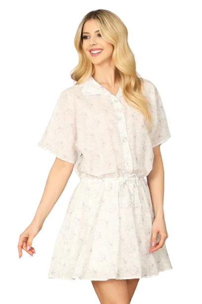 White Ultra Violet Half Sleeve Button Detail Tie Waist Mini Dress -  Pack of 5 Comfortable Off-Shoulder Mini Dress