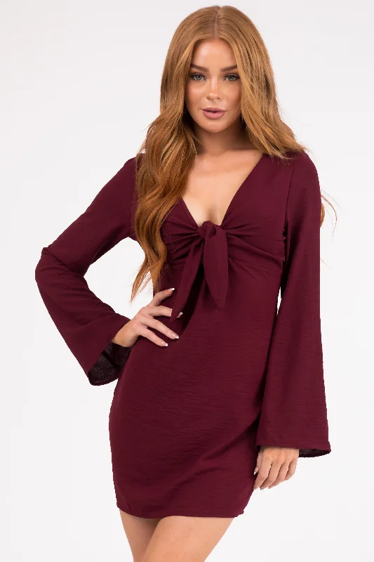 Wine Long Flare Sleeve Front Tie Mini Dress Trendy Wraparound Mini Dress