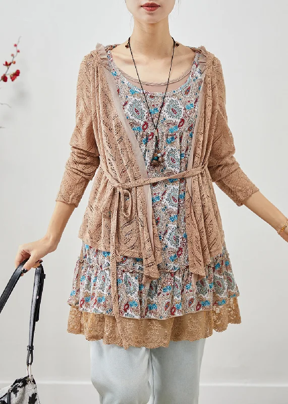 Women Khaki Hooded Patchwork Wrinkled Cotton Fake Two Piece Mini Dress Fall Elegant Lace Mini Dress