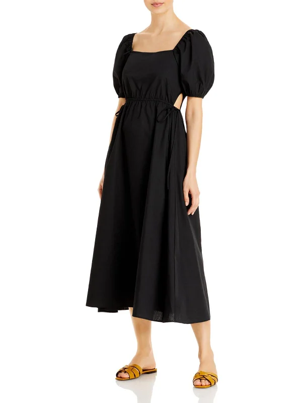 Womens Cut Out Puff Sleeves Midi Dress Trendy Bodycon Midi Dress