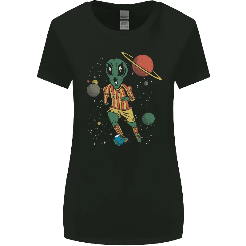 Alien Football Player Space Planets Soccer Womens Wider Cut T-Shirt Asymmetrical Pockets Print