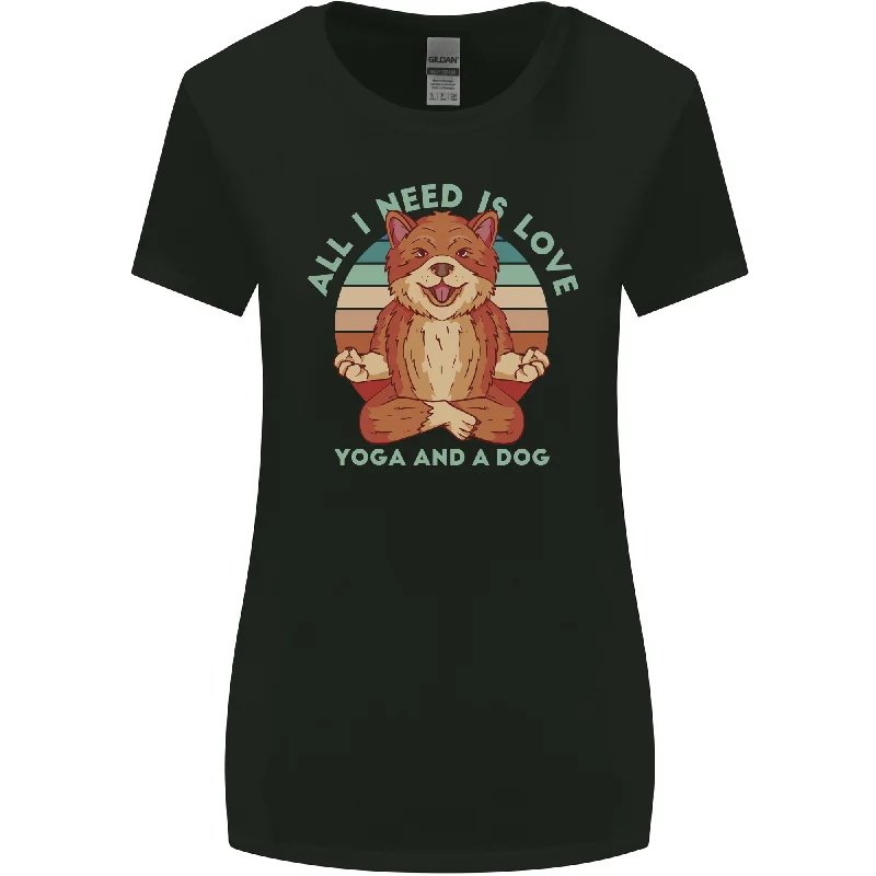 All I Need is Love Yoga and a Dog Funny Womens Wider Cut T-Shirt Spandex Blend Rayon Blend Denim Blend