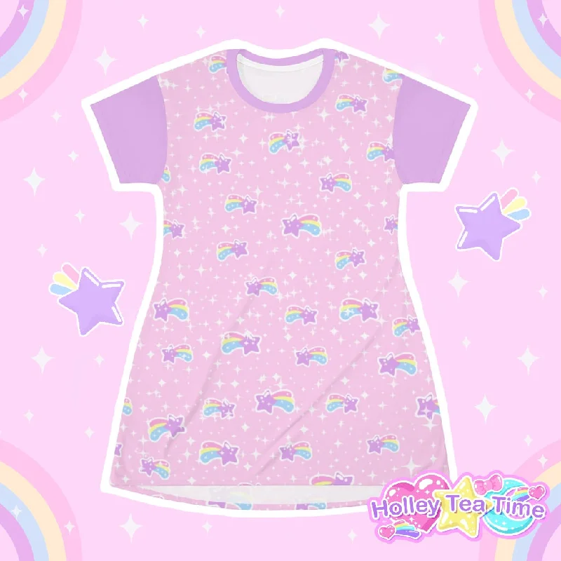 Bubblegum Bunny Shooting Stars All Over Print T-Shirt Mini Dress Notch Collar Peter Pan Collar Cowl Neck