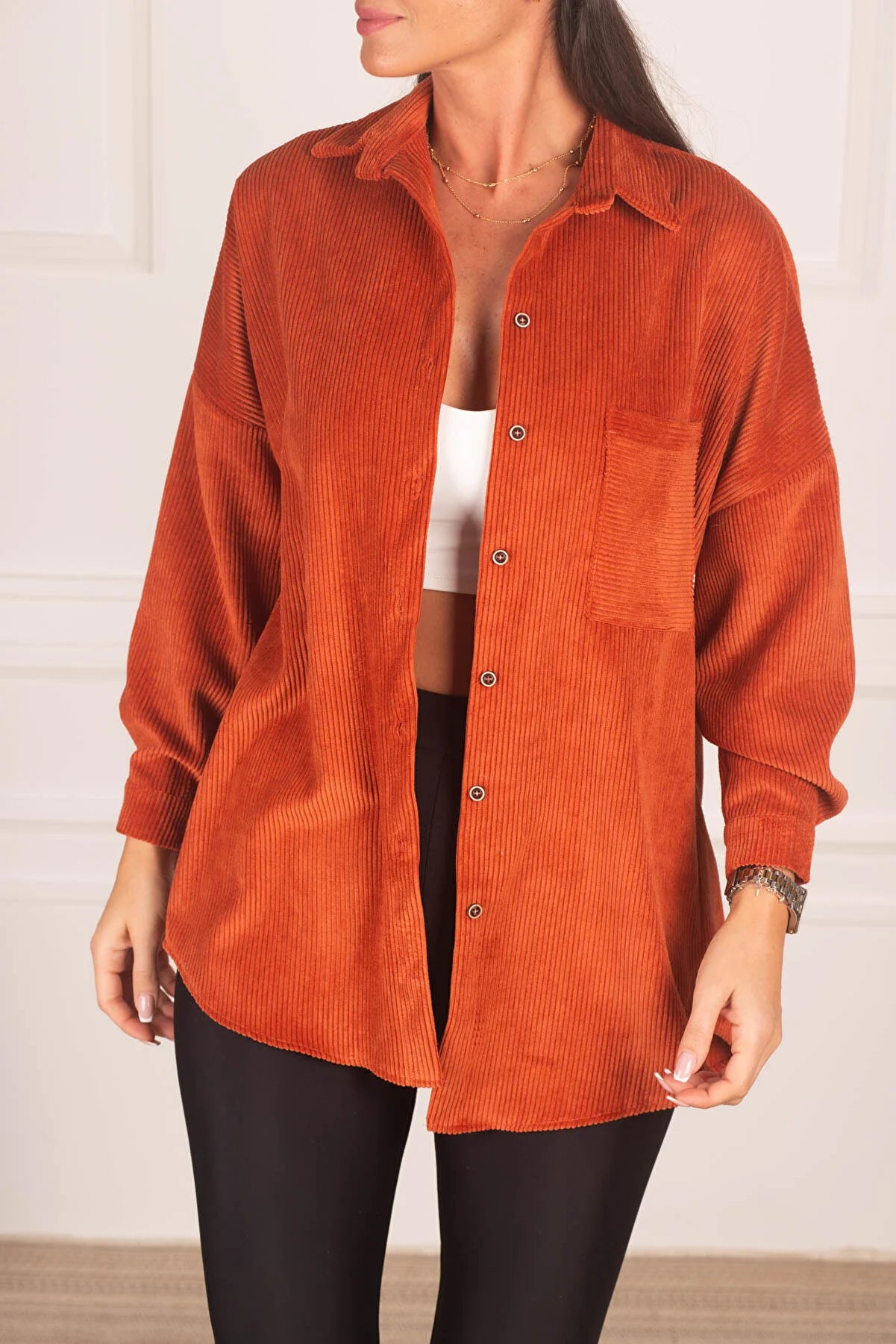 Armonika Women's Orange Pocketed Oversize Velvet Long Basic Shirt Soft Cotton Short Shirt