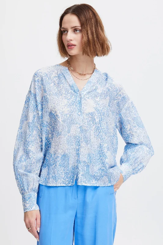 Atelier Reve 20119945 IRTHEA Marina Doodle Blue Flower Print Shirt Trendy Turtleneck Short Shirt