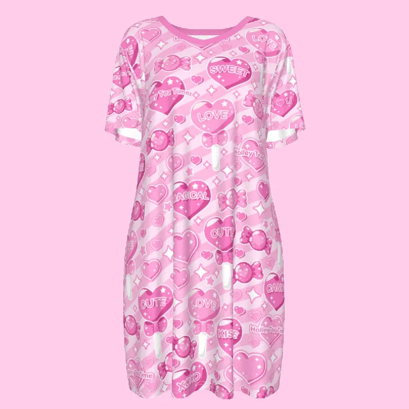 Candy Love Hearts (Pink Cutie) Women's T-shirt Dress Denim Fabric Leather Fabric Suede Fabric