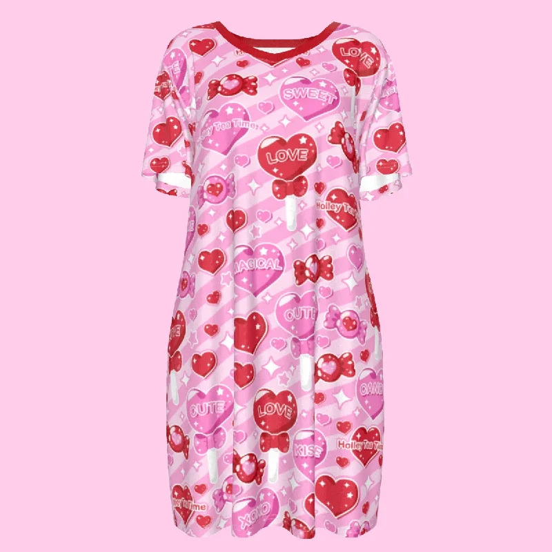 Candy Love Hearts (Red Cutie) Women's T-shirt Dress Cotton Fabric Linen Fabric Terry Fabric