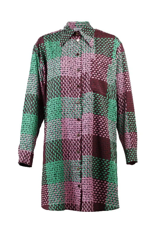 Chamonix Oversized Long Shirt Checked Green Soft Silk Short Sleeve