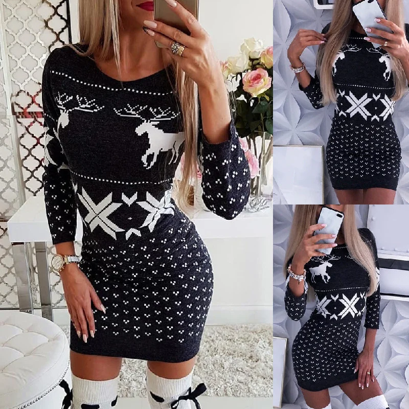 Christmas digital printing tight-fitting hip dress, long-sleeved thin T-shirt and skirt Zippered Buttoned Snapped