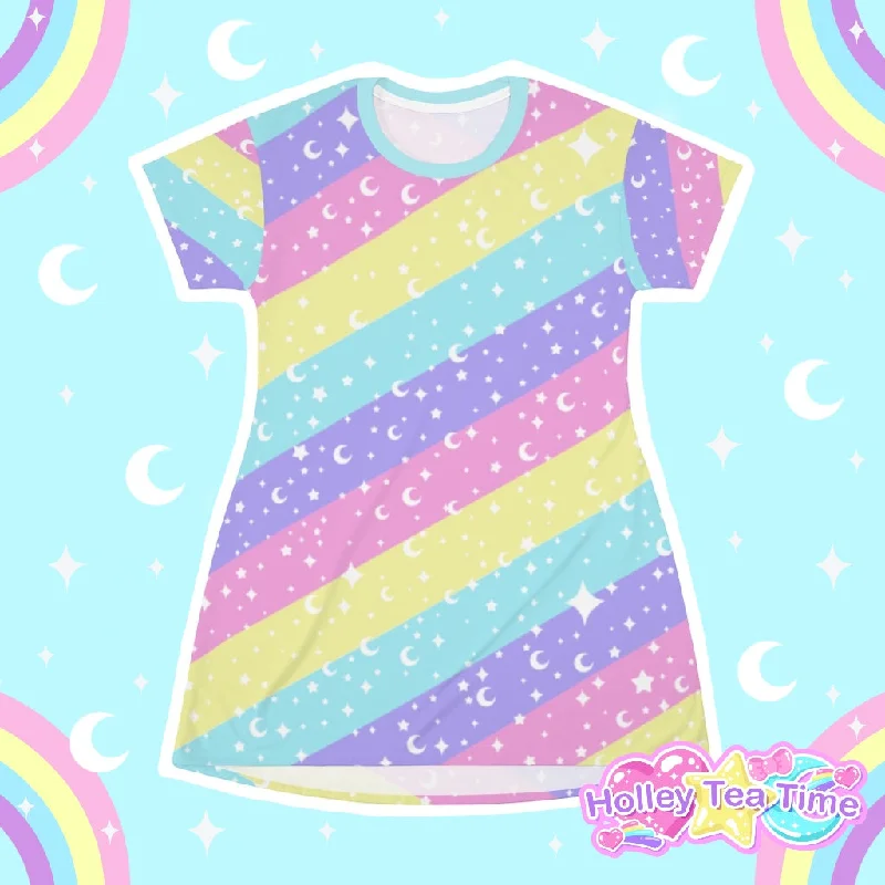 Cosmic Rainbow All Over Print T-Shirt Mini Dress Collared Crew Neck Turtle Neck