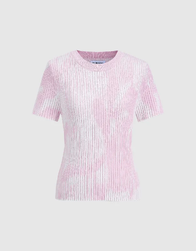 Crew Neck Knitted T-Shirt Ribbed Striped Patterned