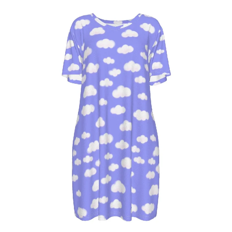 Dreamy Clouds Women's Cotton T-shirt Dress (Periwinkle) Zippered Front Buttoned Front Snap Front