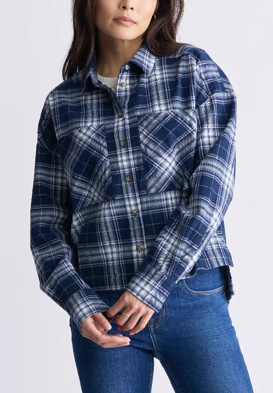 Enid Women's Boxy Plaid Shirt, Navy - WT0126F Comfortable Knit Short Shirt