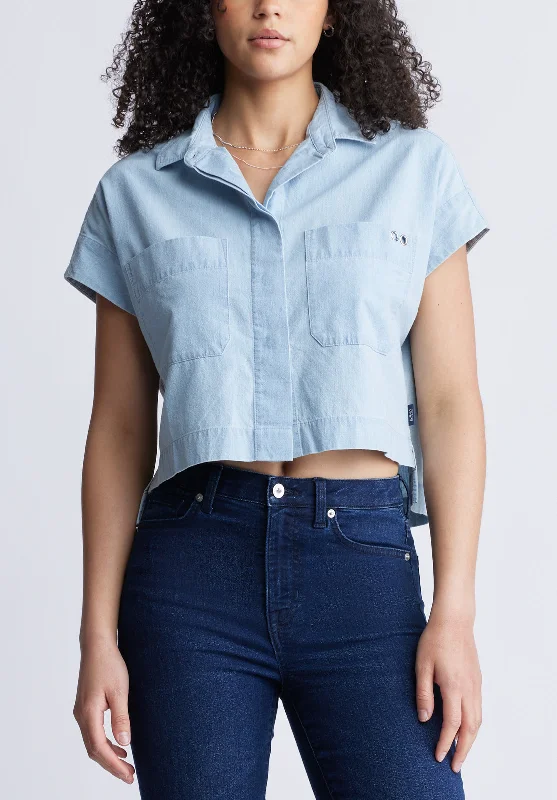 Fenella Women's Short Sleeve Crop Shirt, Blue - WT0088S Fashionable Pleated Short Shirt