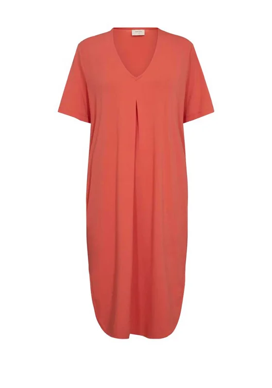 Freequent Floi T-Shirt Midi Dress, Hot Coral Welt Pockets Slit Pockets