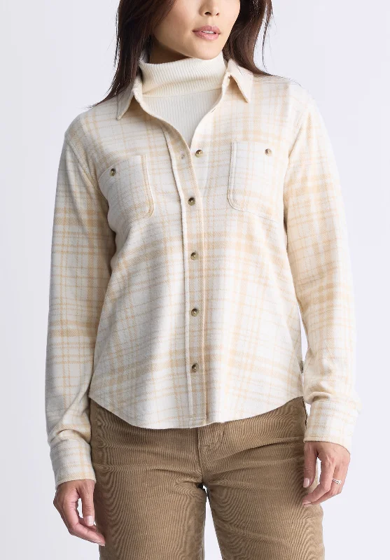 Georgie Women's Long-Sleeved Plaid Shirt, Biscotti Beige - KT0124F Classic Casual Short Sleeve