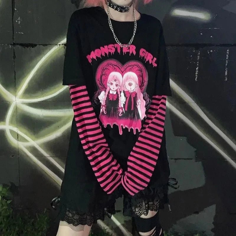 Womens Goth Punk Harajuku Weirdcore Tee Asymmetrical Pockets Print