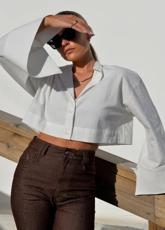 Aurora Cropped Shirt White Elegant Draped Short Sleeve