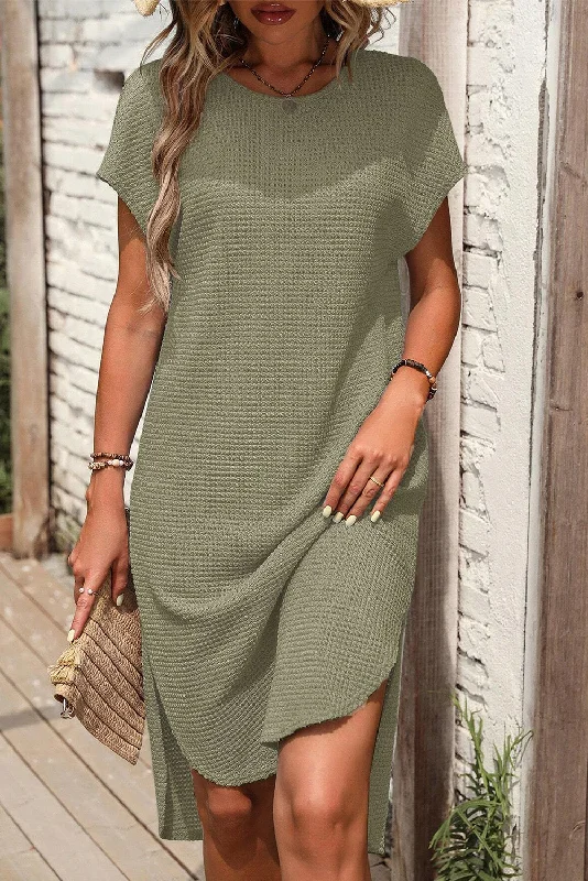 Waffle Texture Curved Hem Side Slit T-shirt Dress Basic T-Shirt Crew Neck Short Sleeve