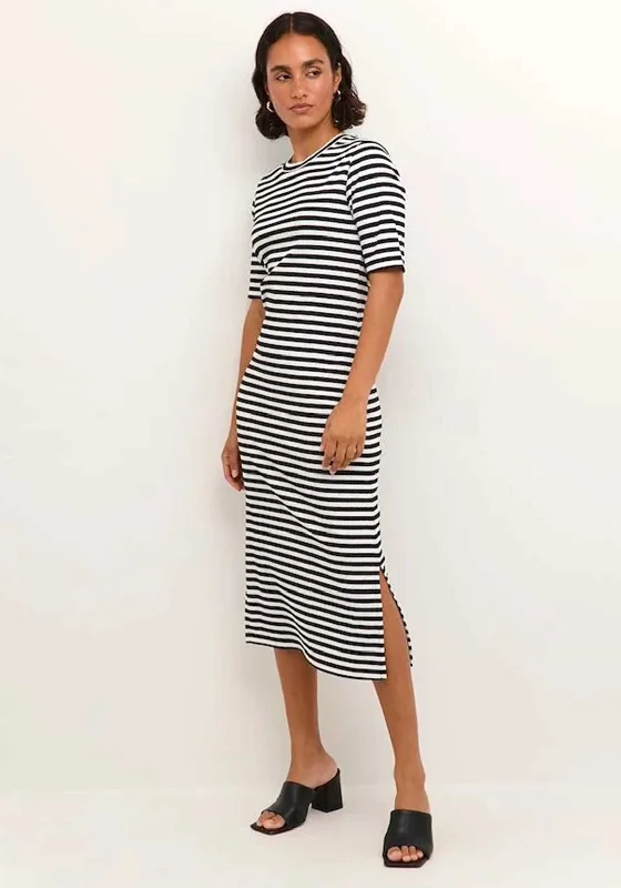 Kaffe Amanda Stripe Midi T-Shirt Dress, Black & Chalk Embroidered Appliqued Beaded