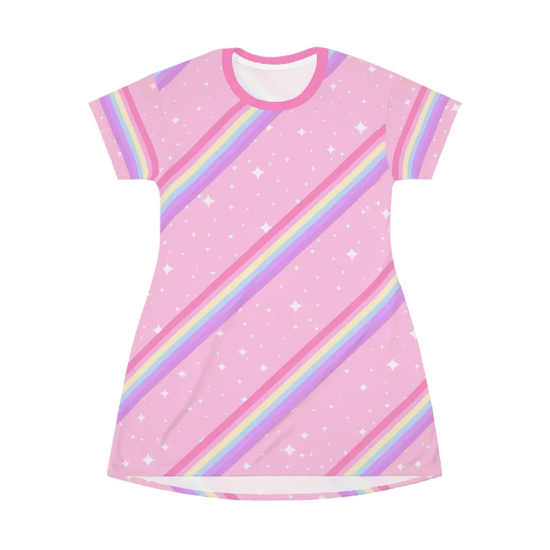 Kawaii Sparkle Cake Rainbow Beam All Over Print T-Shirt Mini Dress Oversized T-Shirt Spandex breathable