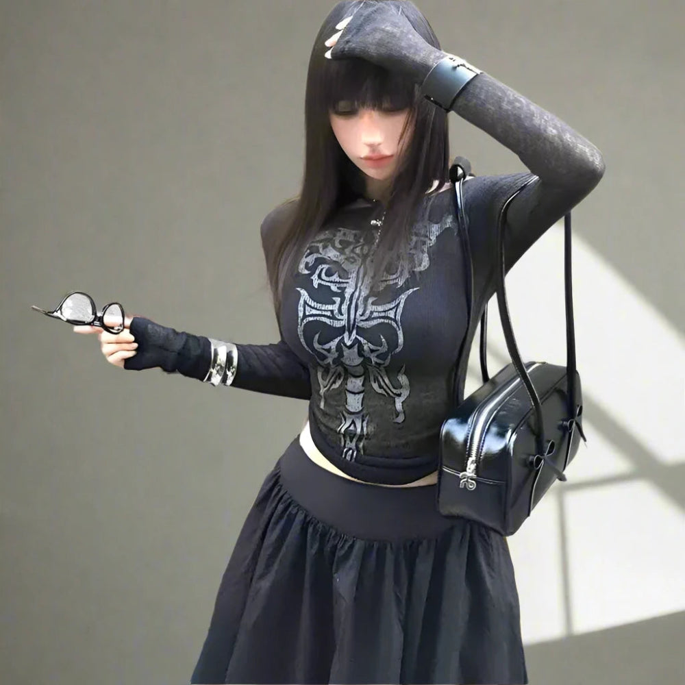 Long Sleeve Sheer Gothic Top - Black Graphic T-Shirt Y2K Fashion Fleece Nylon Spandex Long Sleeve Sheer Gothic Top - Black Graphic T-Shirt Y2K Fashion Fleece Nylon Spandex