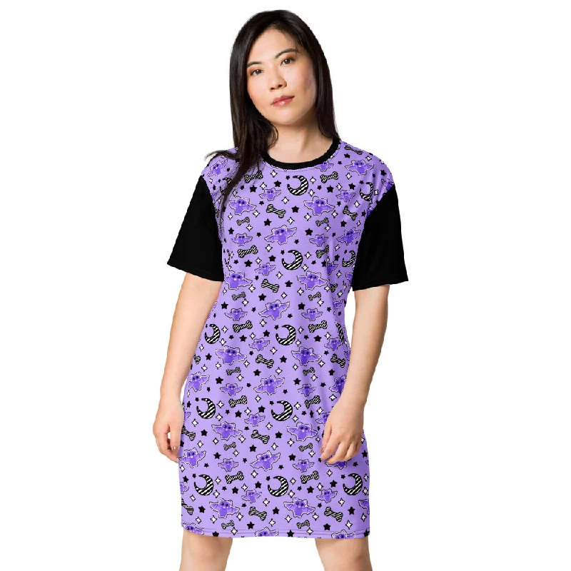 Magical Kawaii Spooky Bats Purple T-shirt dress Chenille Blend Fleece Blend Nylon Blend