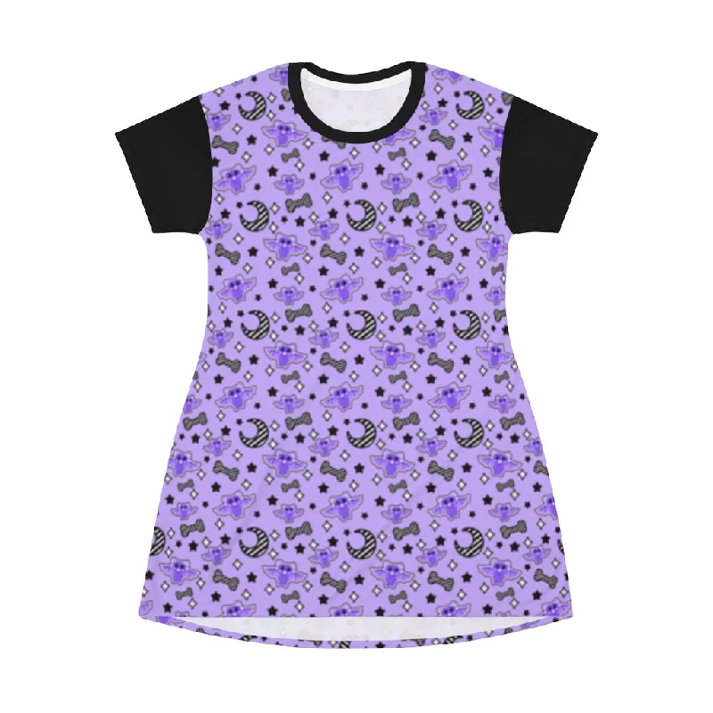 Magical Kawaii Spooky Bats Purple All Over Print T-Shirt Mini Dress Polka Dot Checkered Tartan