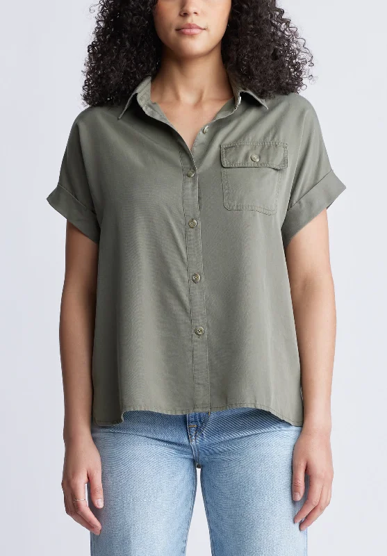 Milly Women's Short Sleeve Shirt, Khaki - WT0132S Classic Casual Short Sleeve