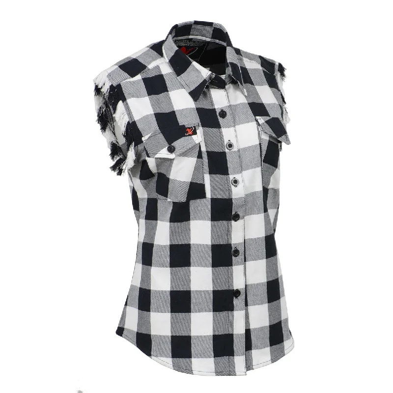 Milwaukee Leather MNG21625 Women's Flannel Down Sleeveless Shirt w/ Button Black / White & Cut Off Frill Arm Hole Casual Oversized Short Shirt