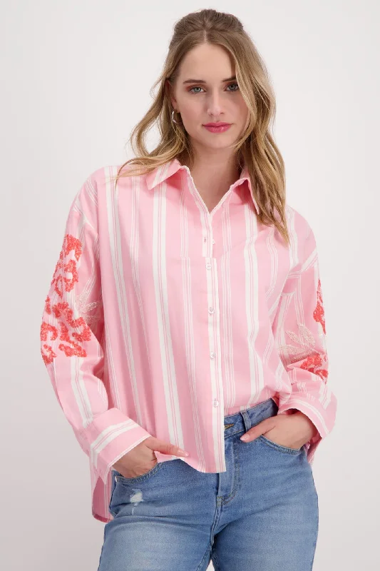 Monari 408509 Pink Smoothie Striped Sequin Detail Shirt Comfortable Short Sleeve Tunic