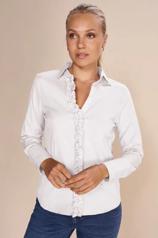 Mos Mosh 157840 MMSybel White Satin Ruffle Shirt Relaxed Cotton Short Blouse