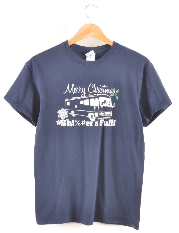 Navy Merry Christmas Printed T-shirt - M Hooded Caped Shawl Collar