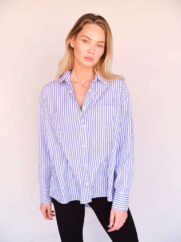 Organic Cotton Oversized Stripe Shirt Fashionable Button-Front Short Sleeve