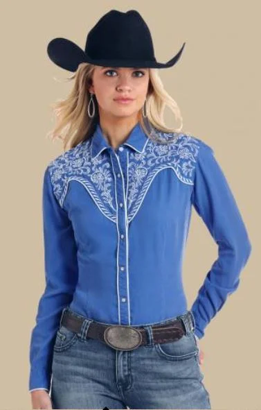 Panhandle Women's Cobalt Embroidered Shoulder Snap Shirt Relaxed Fit Short Shirt