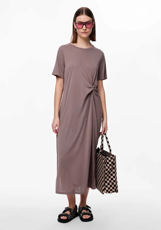 Pieces Anora Knot Detail T-Shirt Dress, Coco Mocha Cozy Warm Stylish