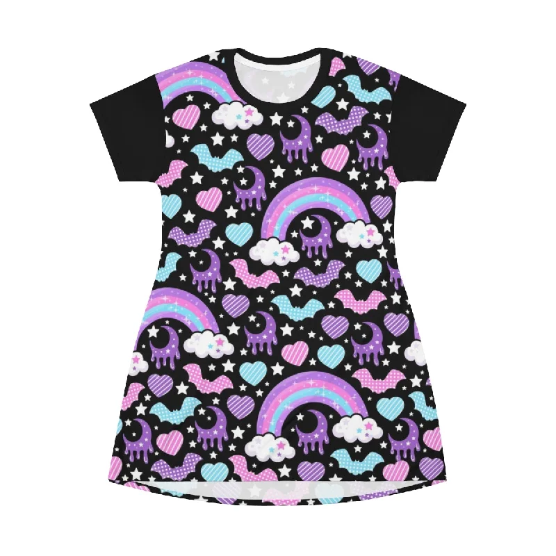 Rainbow Spooky Bats Black All Over Print T-Shirt Mini Dress Elasticated Padded Insulated