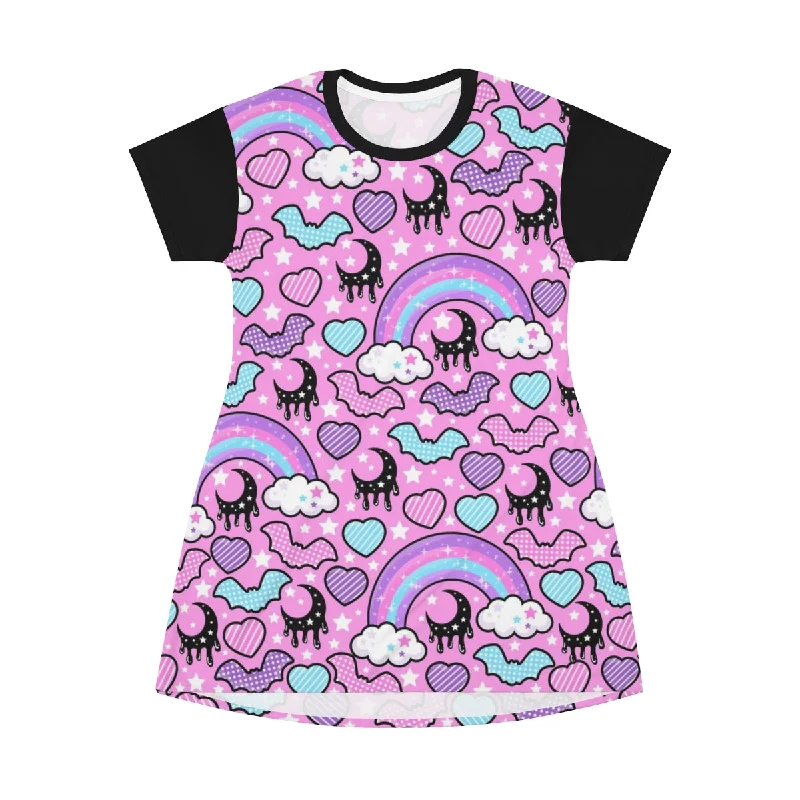 Rainbow Spooky Bats Pink All Over Print T-Shirt Mini Dress Chenille Brocade Lace