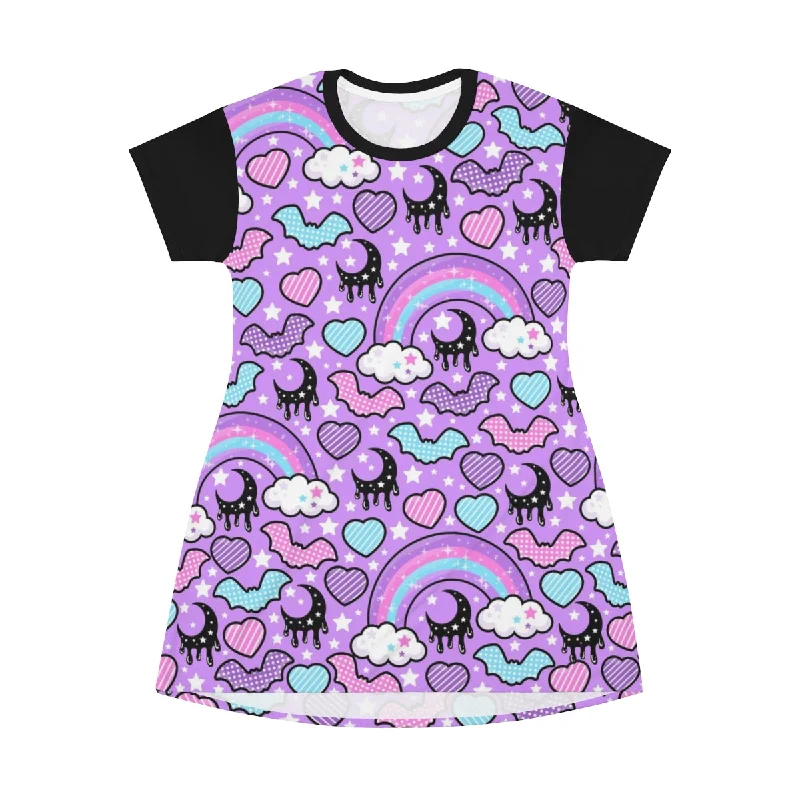 Rainbow Spooky Bats Purple All Over Print T-Shirt Mini Dress Anti-Shrink Durable Soft